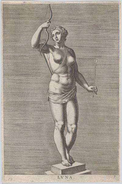 プレート 7: ダイアナ、足台の上に立つ裸の女神の像、三日月を身に着けている.1586 年. 作： Philip Galle