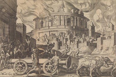 エルサレムの神殿の柱を運び去るカルデア人、「... の災害」、1569 年より。 作： Philip Galle