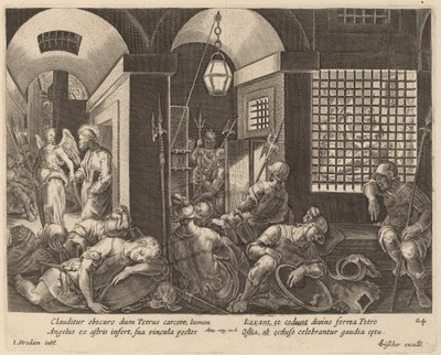天使によって刑務所から救出された聖ペテロ 作： Philip Galle after Jan van der Straet