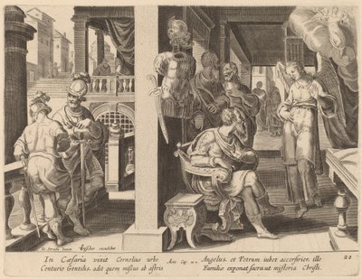 天使はコーネリアスに聖ペテロを連れてくるよう命じる 作： Philip Galle after Jan van der Straet