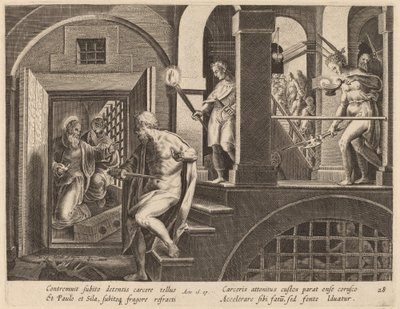 自殺しようとしている獄吏、聖パウロによって回心 作： Philip Galle after Jan van der Straet
