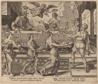 シンプルな食事を楽しむ勤勉さと勤勉さ 作： Philip Galle after Maerten van Heemskerck