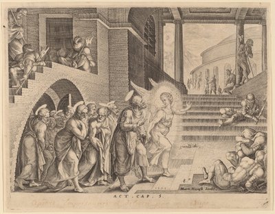 天使によって刑務所から救出された使徒たち 作： Philip Galle after Maerten van Heemskerck