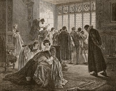 聖バーソロミュー虐殺中のイギリス大使館、「カッセルのイギリスの歴史」（セピア写真）のイラスト 作： Philip Hermogenes Calderon