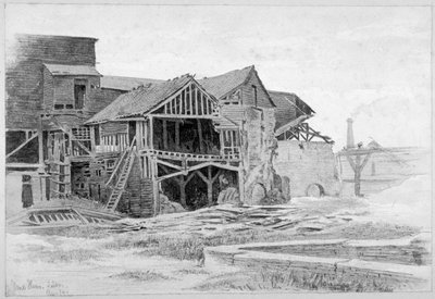 1875 年にロンドンのバタシーにあるナイン エルムズにある古い石灰工場の眺め。 作： Philip Howard