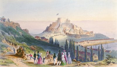 1847年にH.ウォルターによって彫刻された、ジャージーのビクトリア女王の訪問からの1846年9月3日、オルゲイユ山への陛下の到着 作： Philip John Ouless