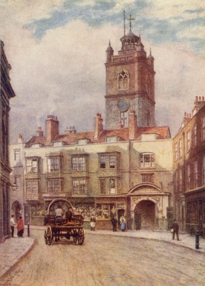 セントジャイルズ教会、クリップルゲート、フォアストリートの古い家屋、1884年 作： Philip Norman