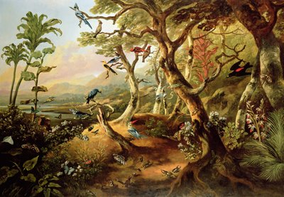 山岳河川景観における樹木と葉の間のエキゾチックな鳥や昆虫 作： Philip Reinagle