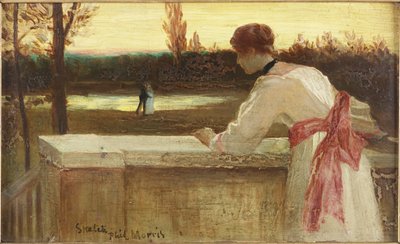 湖のほとりでカップルを見ているバルコニーの女の子（船内の油） 作： Philip Richard Morris