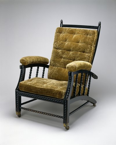 調節可能なバックチェア、1870年頃（エボニードウッド、エンボスベルベット、メタル） 作： Philip Webb