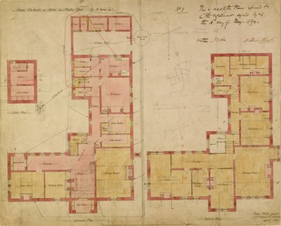 レッドハウスの計画、ベクスレーヒース、1859年（紙にペンとインク、トイレ） 作： Philip Webb