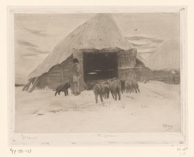 羊飼いが羊の群れを納屋に導く Grange dans la neige (原題) 作： Philip Zilcken (signed by artist)