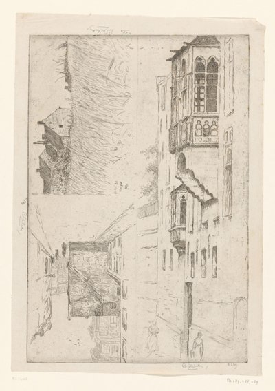 麦畑の家と都市の家の 2 つのビュー フルルガット; Champ de Blé / Rue Haute / Etude de la bretêche de l