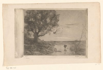 水の中の子牛と木の下の男性のいる風景 ソワール（原題） 作： Philip Zilcken (signed by artist)