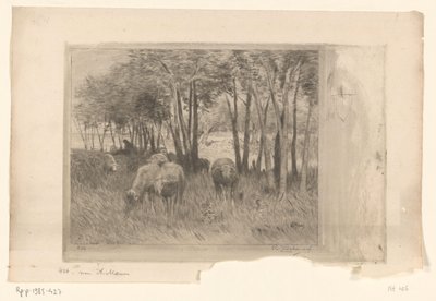 木の牧草地で羊と羊飼いの群れ ムートン（原題） 作： Philip Zilcken (signed by artist)