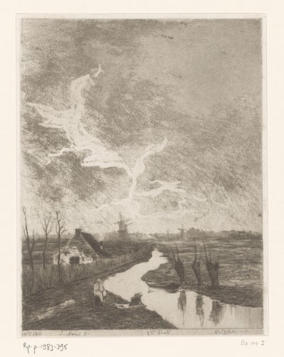 溝、農場、風車のある牧草地の風景 Environs de La Haye (原題) 作： Philip Zilcken (signed by artist)