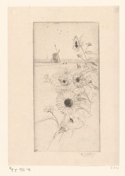 馬と風車のある牧草地の風景の前のひまわり Eutude de tournesols (原題) 作： Philip Zilcken (signed by artist)