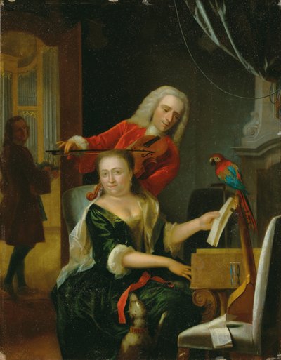 インテリアで音楽を作る紳士と彼の妻の肖像画（パネルに油彩） 作： Philip van Dijk