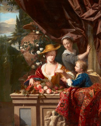 盛り合わせフルーツのボウルとテラスのエレガントな人物 (パネルに油彩) 作： Philip van Dyck