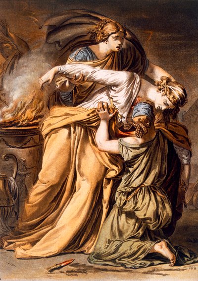 ピエール・ミシェル・アリックス（1762-1817）1802（色付きの彫刻）によって彫刻された「すべての国の衣装と劇場に関する研究」の第II巻から、ジャン・ラシーンによる「アウリスのイフィゲニア」の衣装、エリフィル 作： Philippe (after) Chery