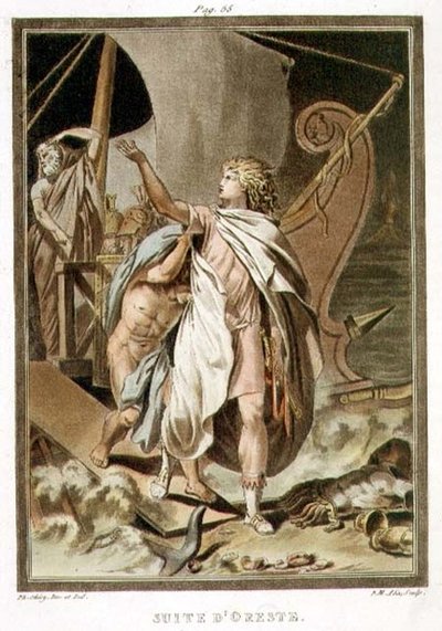 ジャン・ラシーヌ作「アンドロマケ」の衣装「オレステスのレチヌエ」 ピエール・ミシェル・アリックス（1762-1817）1802年版「万国の衣装と演劇に関する研究」第1巻より（カラー図版 作： Philippe (after) Chery