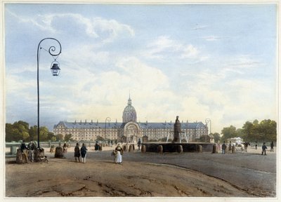 シャン・ド・マルスから見たアンヴァリッドホテル - ジャコテとブノワの『Promenade dans Paris et ses environs』（Gihaut編）による。 作： Philippe Benoist
