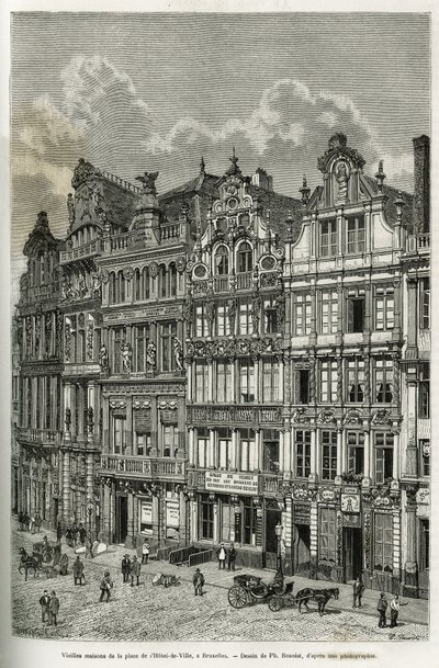 ブリュッセルの市庁舎前広場の古い家々。パリのエドゥアール・シャルトン（1807-1890）の指揮の下、ツアー・デュ・モンドに掲載されたカミーユ・ルモニエのベルギー物語を説明するためのPh.ブノワのエングレーヴィング。 作： Philippe Benoist