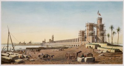 ナイル川を渡るダム、アスワン ダムの建物、エジプト、1853 年 作： Philippe Benoist