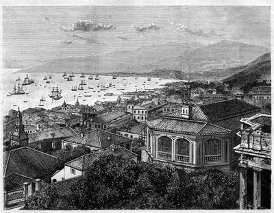 香港湾の眺め。エドゥアール・シャルトン編集の「Le Tour du Monde, Nouveau journal des Voyages」に掲載されたベノアの絵をもとにしたエングレーヴィング。 作： Philippe Benoist