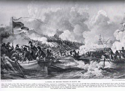 1801年のエジプトでのイギリス軍の上陸、「ハッチンソンの国家の歴史」の図解 作： Philippe Jacques de Loutherbourg