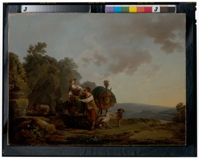 猟犬を連れた旅人と、荷の重いラバが井戸の中にいる。 作： Philippe Jacques de Loutherbourg