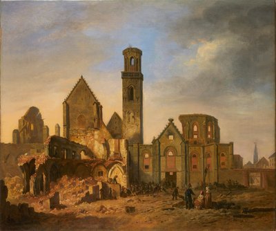 1830 年 10 月 27 日の火災後のアントワープの聖ミカエル修道院の眺め。 作： Philippe Jacques van Brée
