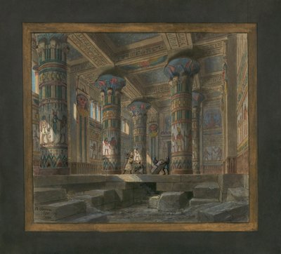 ジュゼッペ・ヴェルディ (1813-1901) によるオペラ「アイーダ」のためのフィリップ・シャペロンの舞台装置: イシス神殿 作： Philippe Marie Chaperon