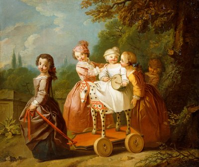 庭で遊んでいる他の子供たちと一緒にホビーホースの少年 作： Philippe Mercier