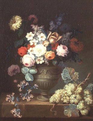 クラシカルな花瓶に生けた花と葡萄の房の静物画 作： Philippe Parpette