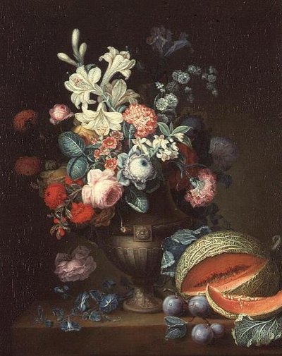 クラシカルな花瓶に生けた花とカットメロンの静物画 作： Philippe Parpette