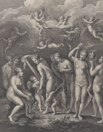 ヘラ、アフロディーテ、アテナは、P... の前で美を競う準備をしています。 1729-40。 作： Philippe Simonneau