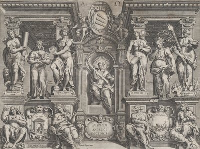 1608年の建築構造に設定された、さまざまな人物を描いた寓意的な論文の印刷物。 作： Philippe Thomassin