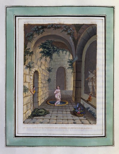 ダフニスの前でニンフの泉で洗うクロエ。フィリップ・オルレアン（1674-1723）作、ロングス作「ダフニスとクロエの愛の牧歌」 - 1787年版「ダフニスとクロエの愛の牧歌」より - 挿絵 作： フィリップ ドール (後) オルレアン