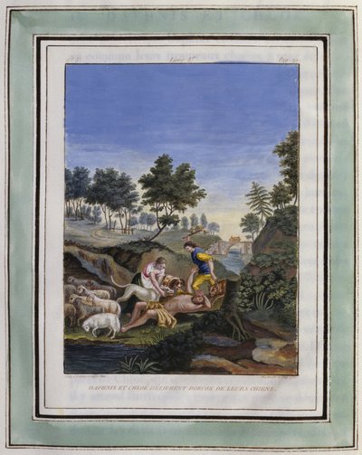 ドルコンを犬から助けるダフニスとクロエ。フィリップ・オルレアン（1674-1723）作、ロングス作『ダフニスとクロエの牧歌的な愛』のためのデッサン - 1787年版『ダフニスとクロエの牧歌的な愛』の挿絵 - 『牧歌的な愛』の挿絵 作： Philippe d