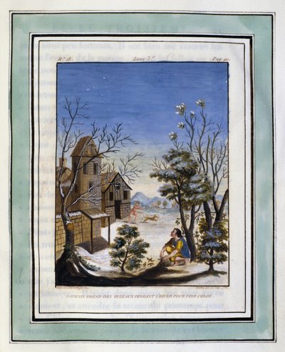 ダフニスがクロエに会いに冬鳥を連れて行く。フィリップ・オルレアン（1674-1723）作、ロングス作『ダフニスとクロエの愛の牧歌』のための素描 - 『ダフニスとクロエの愛の牧歌』1787年版の挿絵 - 『ダフニスとクロエの愛の牧歌』1787年版の挿絵 - 『ダフニスとクロエの愛の牧歌』の挿絵。 作： Philippe d