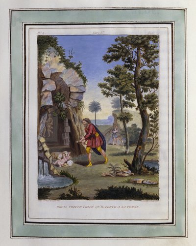 クロエを見つけ、妻のもとに運ぶドライアス。フィリップ・オルレアン(1674-1723)による、ロングス作『ダフニスとクロエの牧歌的な情事』のためのデッサン - 『ダフニスとクロエの牧歌的な情事』1787年版の挿絵 - 『牧歌的な情事』の挿絵。 作： Philippe d