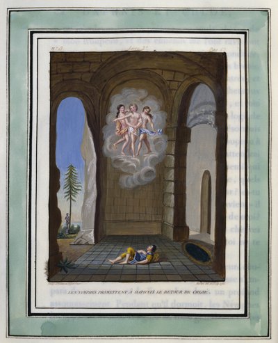 ニンフたちはダフニスにクロエの帰還を約束する。フィリップ・オルレアン（1674-1723）作、ロングス作『ダフニスとクロエの牧歌的な愉しみ』のためのデッサン - 『ダフニスとクロエの牧歌的な愉しみ』1787年版より - 『ダフニスとクロエの牧歌的な愉しみ』1787年版より - 『ダフニスとクロエの牧歌的な愉しみ』の挿絵。 作： Philippe d