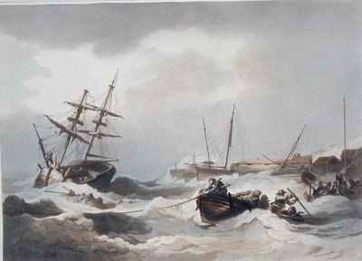1805年に出版された「The Romantic and Picturesque Scenery of England and Wales」に掲載されているマーゲート沖の嵐（カラー彫刻）。 作： Philippe de (after) Loutherbourg