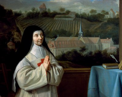 Mother Marie-Angelique Arnauld、Philippe de Champaigne (1602-1670)作とされる「Port-Royal des Champes修道院の前にいる母と妹Agnesの肖像」からのディテール。 作： Philippe de (attr. to) Champaigne