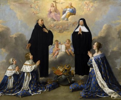 オーストリアのアンナと子供たち、聖ベネディクトとスコラスティカで聖三位一体に祈る 作： Philippe de Champaigne