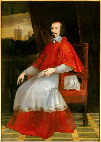 ジュール・マザラン枢機卿（ジュリオ・ライモンド・マザリーノまたはマザリーノ）（1602-1661）の足元の肖像 枢機卿は後ろに座っており、ヴァンセンヌ城が見える。フィリップ・ド・シャンパーニュ（1602-1674）による絵画。日 2.05 X 1.44 m. シャンティイ、コンデ美術館 - F 作： Philippe de Champaigne