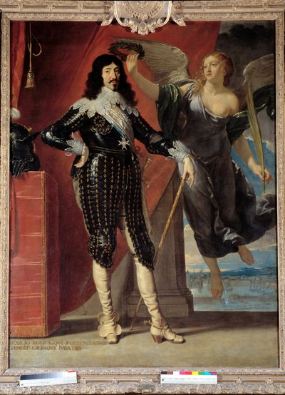 ルイ13世（1601-1643）の足元の肖像は、ヴィクトリーが冠をかぶっています。フィリップ・ド・シャンパーニュ（1602-1674）による絵画 作： Philippe de Champaigne