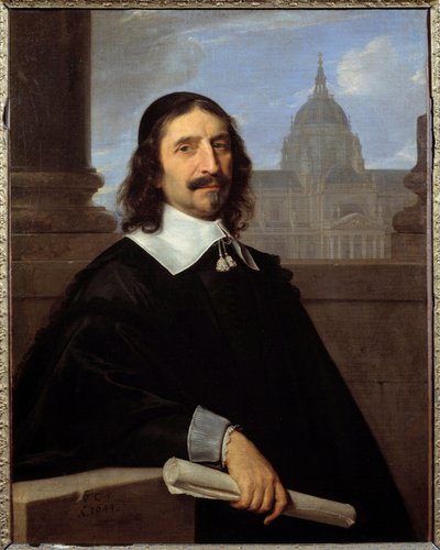 ソルボンヌ大学礼拝堂前の建築家ジャック・ルメルシエ（1585-1654）の肖像 フィリップ・ドゥ・シャンパーニュ（1602-1674）の絵画（ec.flam.） 17世紀 Sun.0,97x0,75m - - 建築家ジャック・ルメルシエ（1585-1654）の肖像、ソルボンヌ大学礼拝堂の前で。 作： Philippe de Champaigne