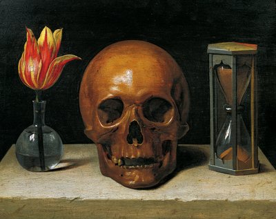 ヴァニタス チューリップ、頭蓋骨、アワーグラスのある静物」（油彩・パネル） 作： Philippe de Champaigne
